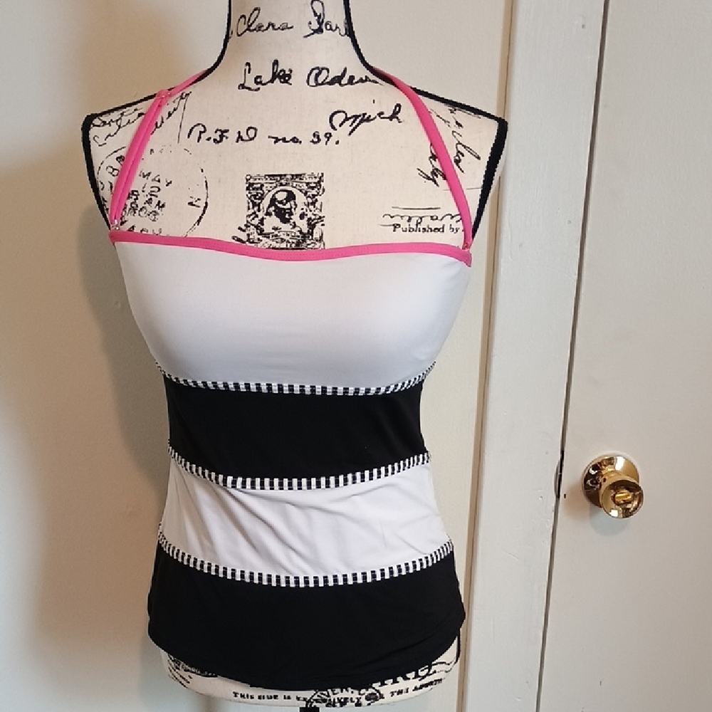 White and Black Fitted Tankini Swim Top